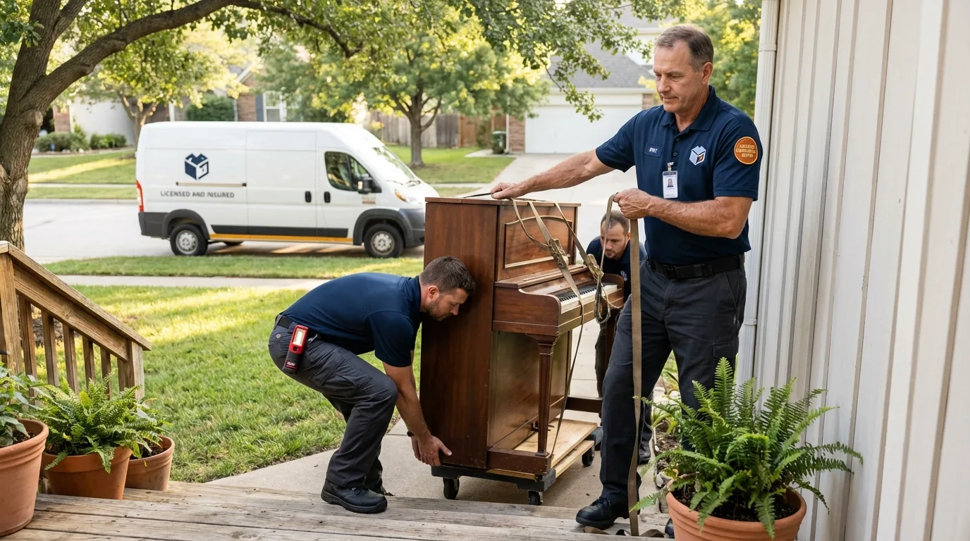 Licensed piano movers securing grand piano in Riverton, IL