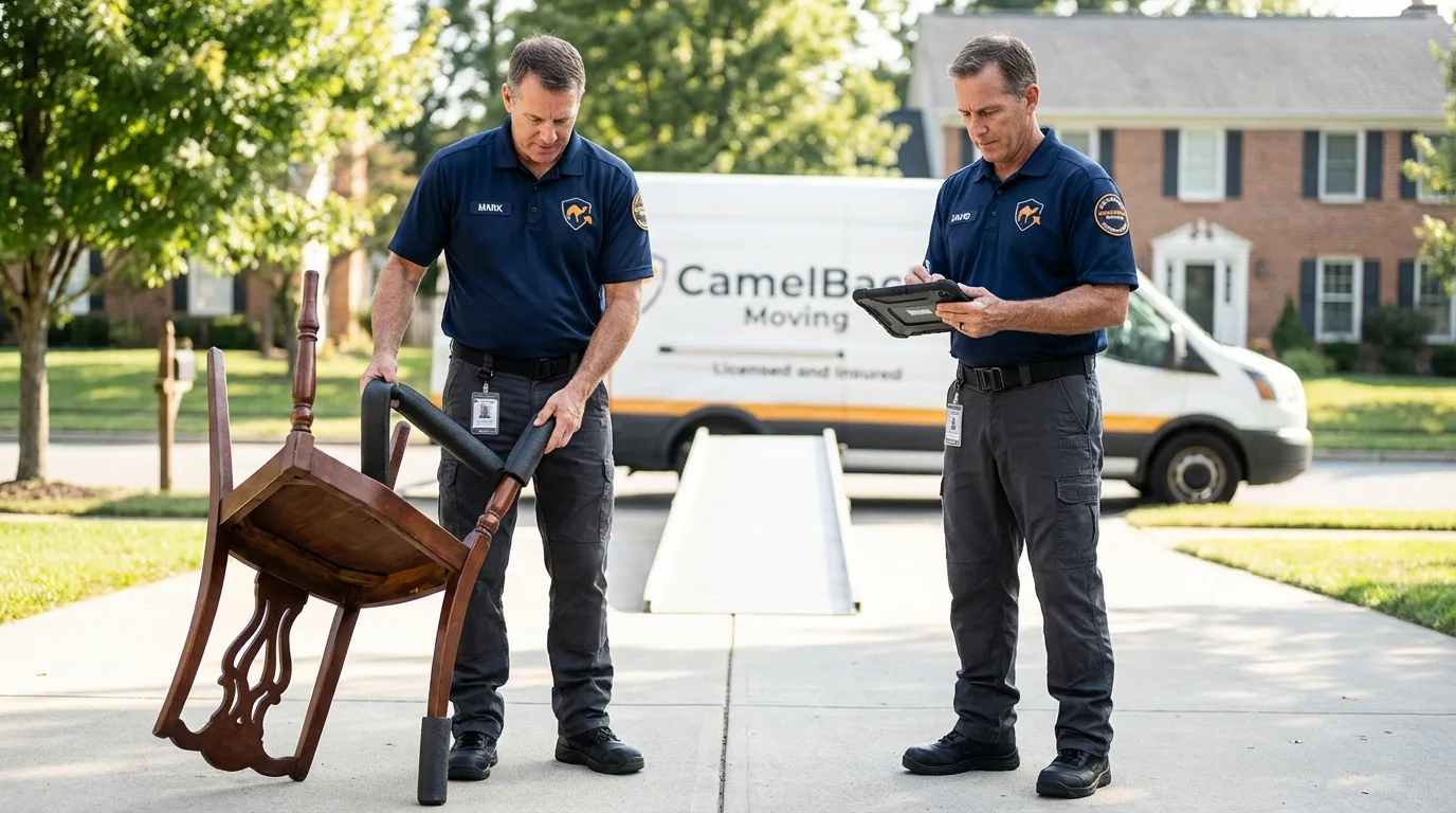 Movers inspecting furniture for damage prevention before loading in Riverton, IL