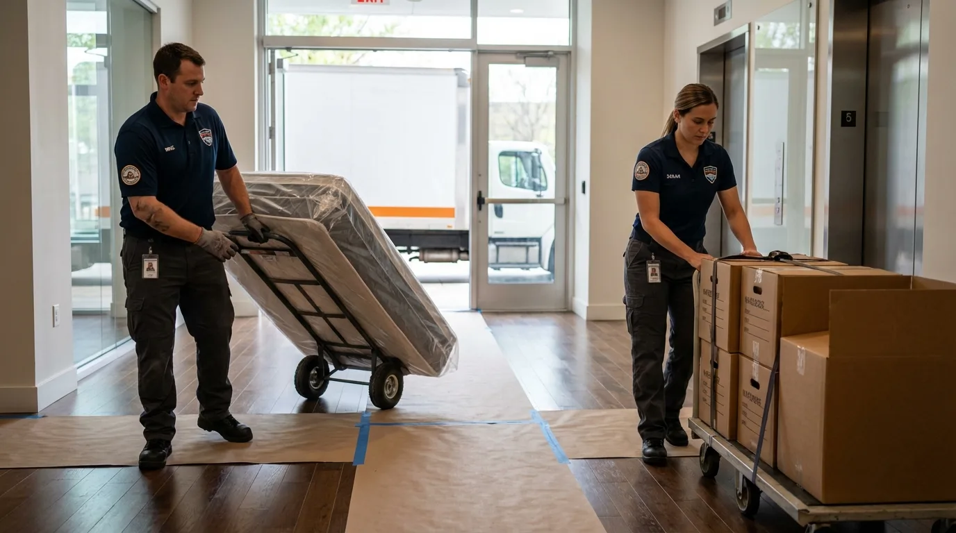 Professional apartment movers loading elevator in Riverton, IL